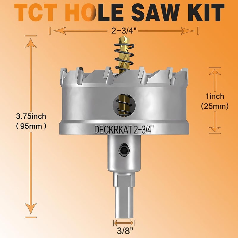 DECKRKAT Store 2-3/4" TCT Hole Saw for Hard Metal, Heavy Duty 70mm Tungsten Carbide Tipped Hole Cutter with Spring Loaded Pilot Drill Bit for Stainless Steel, Metal, Iron, and Plastic. - Image 2